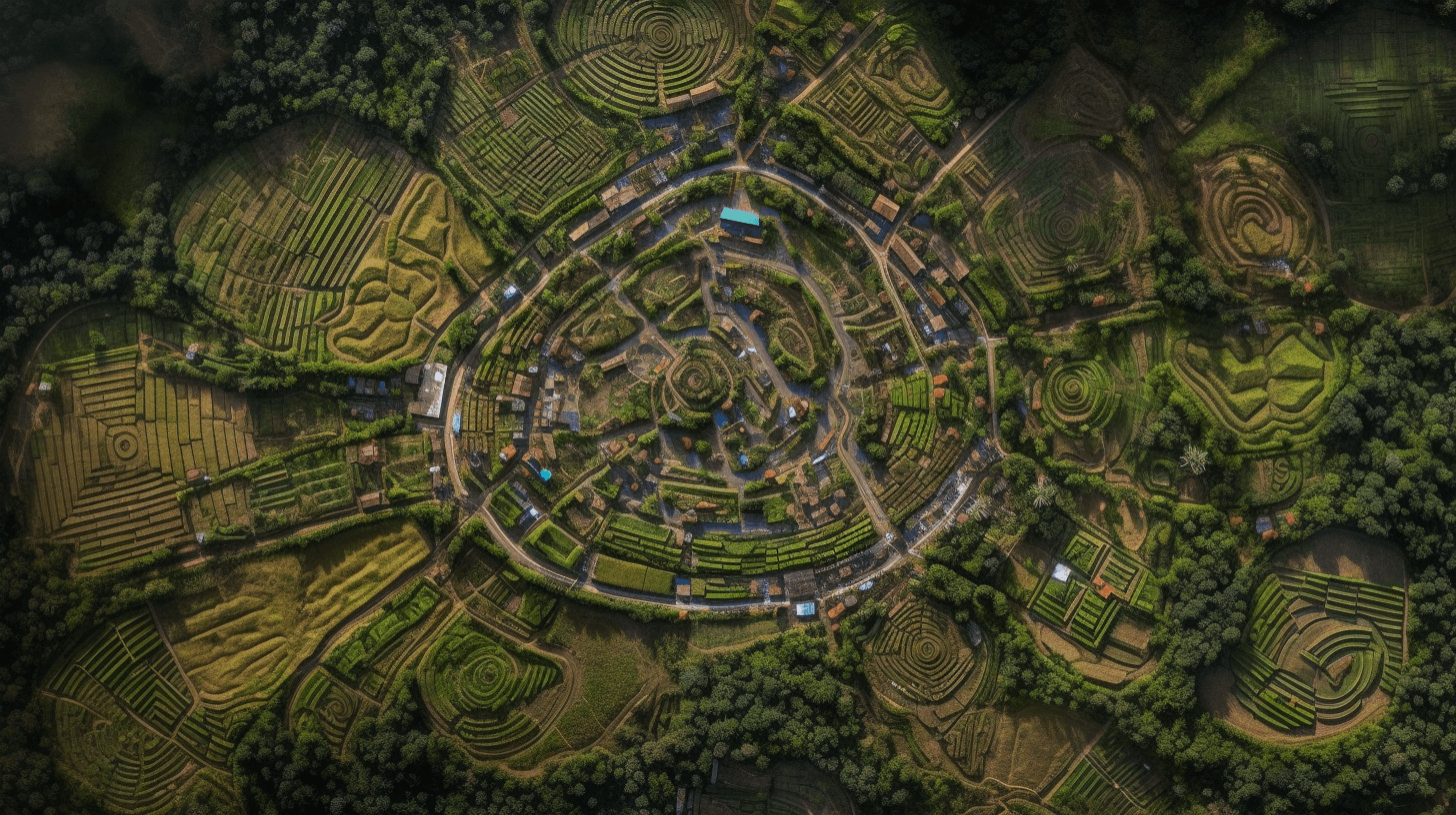 Bird's eye view of a village surrounded by green fields